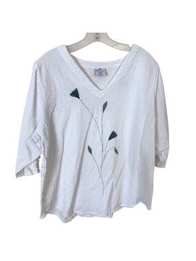 Sea Breeze Womens White Cotton Blouse Top Hand Painted Shirt 3/4 Sleeve XL USA